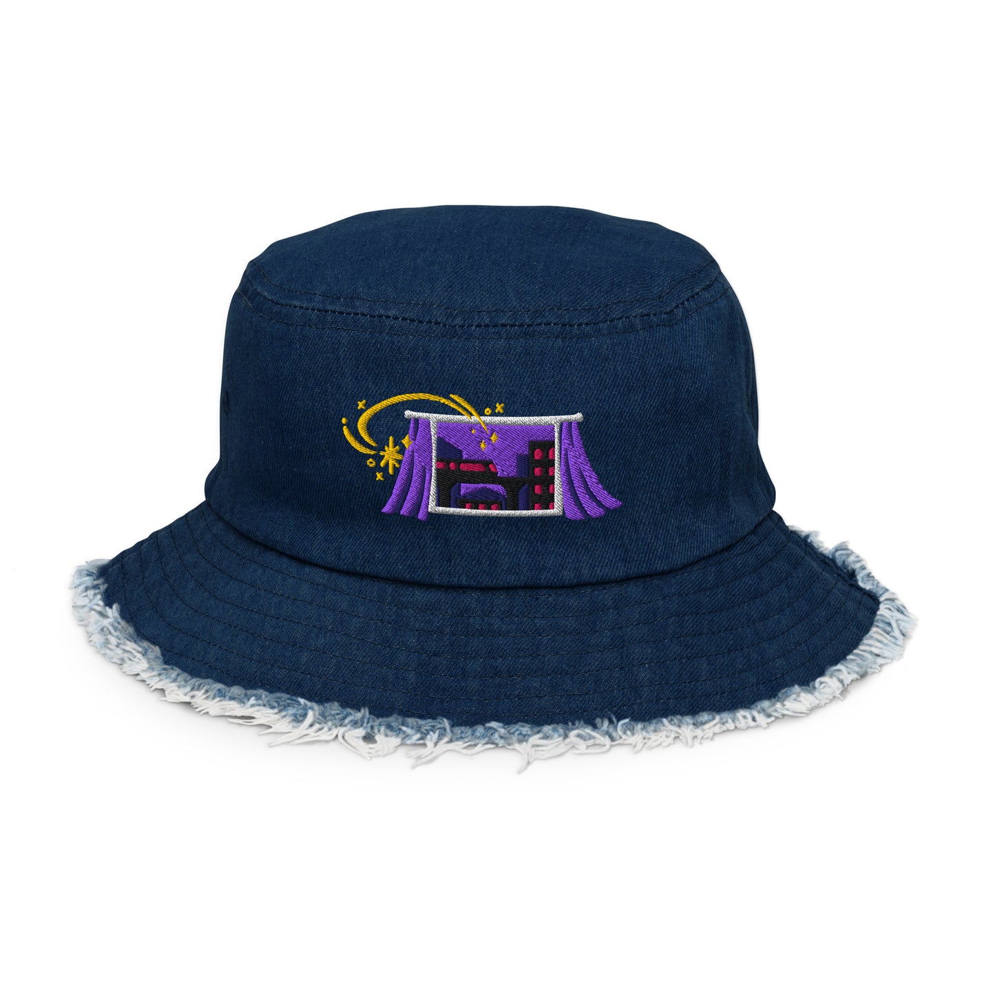 "Midnight" Embroidered Distressed Denim Bucket Hat